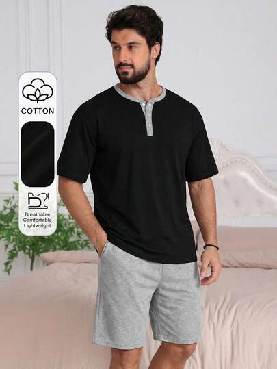 DAZY Summer Solid Color Short Sleeve T-Shirt Paired With Short Men's Pajama Set