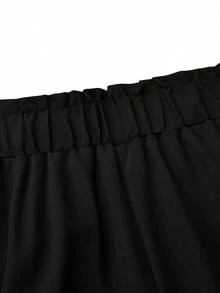 SHEIN LUNE Plus Size Nữ Màu Trơn Eo Co Giãn Quần Ống Rộng Có Viền Xù - màu đen - Xem 6
