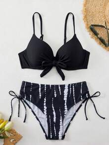 2件組 Swim Lushoire 成熟時尚性感泳裝套裝，純色綁帶泳裝上衣搭配植物印花短褲，夏季海灘度假 - 黑色 - 查看 3