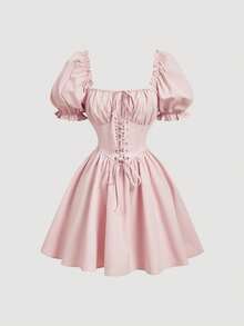 SHEIN MOD 粉色束腰方领花瓣袖迷你连衣裙 - 粉色 - 查看 4