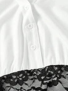 SHEIN MOD 女士黑色蕾丝翻领长袖褶皱荷叶边下摆白色衬衫，白色女式衬衫，纽扣女式衬衫，长袖女式衬衫，白色纽扣衬衫，节日衬衫，职业装，商务休闲女装 - 黑與白 - 查看 5