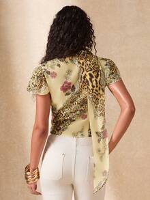 SHEIN BAE Women's Leopard Floral Print Patchwork Fashion Tropical Top Vacation Yellow Summer - Multicolor - View 2