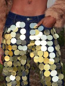 NYA SZN Women's Sequin Design Straight Loose Fit Fashion Jeans - Dark Wash - View 7