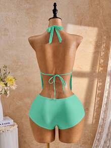 26SS Spring/Summer Vacation Beach Rhinestone Butterfly Pattern Halter Tankini Set - Mint Green - View 2