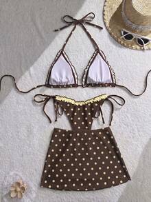 Swim Mod Polka Dot Print Spaghetti Strap Halter Bikini Top With Tie Side Bottoms And Mini Skirt 3-Piece Swimwear Set - Multicolor - View 2