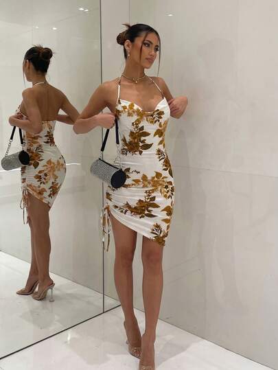 Firerie Váy bodycon mini mùa hè cho nữ đi du lịch, cổ đổ, gấu váy bất đối xứng, dây rút và họa tiết hoa, phù hợp cho du lịch, hẹn hò, lễ hội âm nhạc, lễ tốt nghiệp, ngày lễ và các dịp khác, váy bodycon dây mảnh hở lưng họa tiết hoa mới cho nữ đi du lịch, váy du lịch, váy maxi hoa phong cách retro, quần áo xuân/hè, đồ đi biển, boho, du lịch, bohemian, hawaiian
