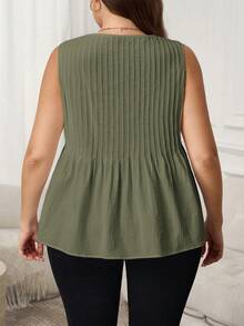 SHEIN LUNE Áo tank top không tay cổ tròn màu trơn, cỡ lớn, kiểu dáng thường ngày - xanh quân đội - Xem 2