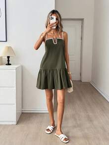Easowa Color Block Square Neck Ruffle Hem A-Line Dress, Casual Loose Elegant Commuter Vintage Style Mini Dress For Women, Spring/Summer - Green - View 5