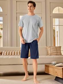 Manfinity Underwear&Sleepwear Basics 男士短袖T恤 & 短褲睡衣套裝 - 淺灰色 - 查看 3
