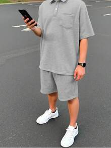 SHEIN 2件/組 青少年男款寬鬆版型素色翻領短袖 Polo 衫與短褲套裝，適合通勤、上學、日常、運動的休閒穿搭，適用於春/夏季 - 灰色 - 查看 5