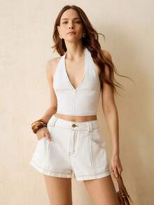CielaLinda Quần short denim trắng có túi dành cho nữ - trắng - Xem 5