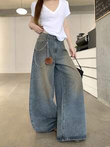 DAZY Women's Washed Korean Style Distressed Zipper Casual Streetwear Y2k Jeans Music Dark Wash Summer - Blue - View 4