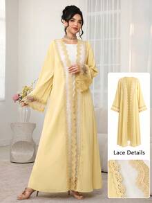 Al Najma Elegant Fashion Floral Trim Abaya Robe, Suitable For Spring And Summer - Yellow - View 4