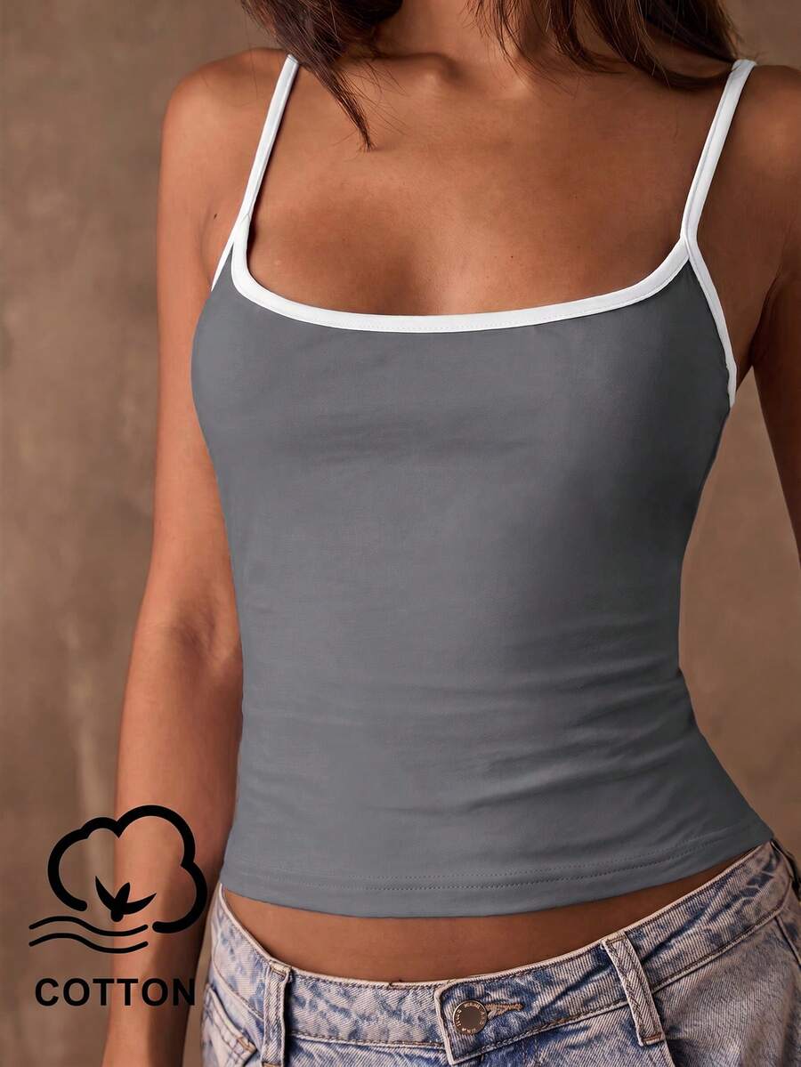 SHEIN BAE 夏季女士简约纯色滚边修身吊带背心 - 灰色 - 查看 1
