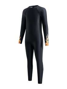 SHEIN Teen Boys Casual Flame-Patterned Long-Sleeved Swimsuit With Sun Protection, Suitable For Spring And Summer Surfing And Beach Vacations. - Black - View 3