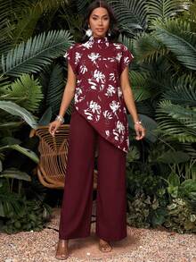 SHEIN Lady 女款立領短袖不對稱下擺休閒夏季兩件套 - 酒紅色 - 查看 9