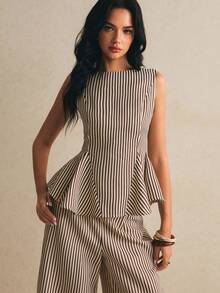 Poéselle Women's Black And White Checkered Ruffle Hem Camisole And Casual Frenchy Elegant Pants 2 Pieces Set City Break Daytime Summer - Coffee Brown - View 3