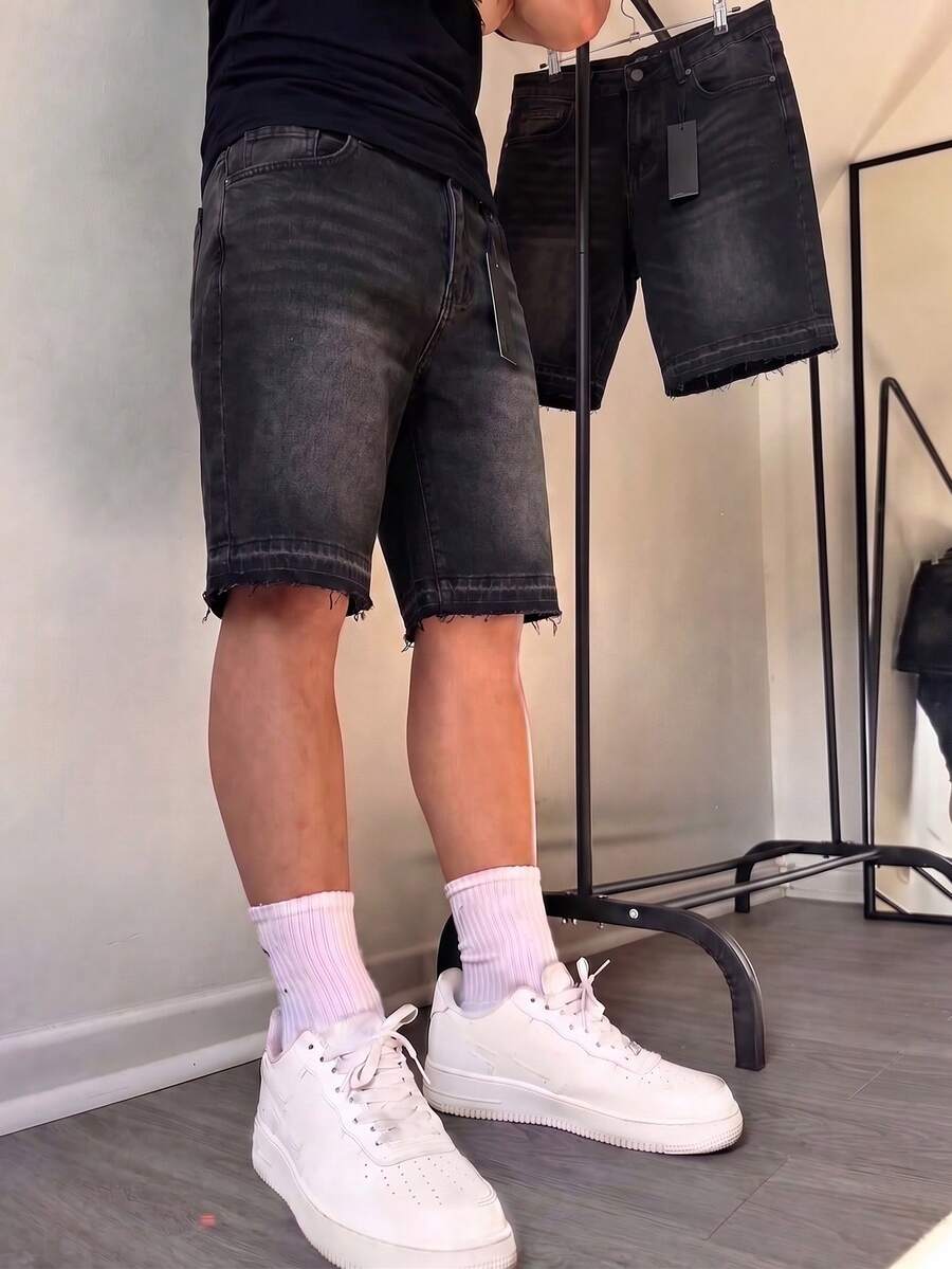 Manfinity Roughcore Men's Casual Pocketed Button Denim Shorts, Versatile For Daily Wear - Black - View 1