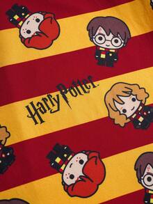 HARRY POTTER X SHEIN Conjunto de pijama con parte superior de manga corta con botones y estampado de bloques de color y rayas, y pantalones cortos para niño preadolescente - Amarillo - Ver 6