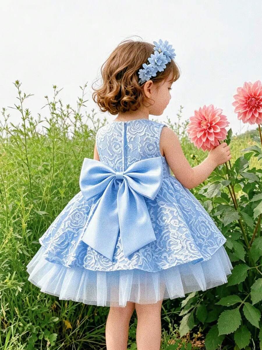 Glamorique Kids 女婴黄色提花面料拖尾连衣裙，后背饰有蝴蝶结，适合生日派对、婚礼宾客、节日等场合，2026春季时尚舒适优雅蓬蓬公主裙