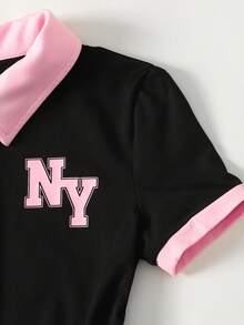 SHEIN Tween Girls' Colorblock Half-Zip Jumpsuit, Pink & Black, Casual Wear For Back To School - Multicolor - View 3