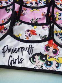 THE POWERPUFF GIRLS X SHEIN 4pcs Tween Girls Contrast Trim Spaghetti Strap Comfortable Camisole Set - Pink - View 4