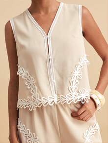 Travachic Women's Vacation Outfits Water-Soluble Lace Patchwork Front Button Camisole And Shorts 2 Pieces Set Holiday Country Clothing Beach Beige Summer Boho - Apricot - View 10