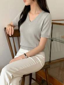 DAZY 女款商務休閒 Polo 領短袖針織上衣 - 灰色 - 查看 5