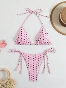 Swim Mod 女士夏季沙滩度假串珠装饰露背性感波点比基尼上衣 - 粉色 - 查看 3