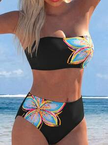 SHEIN Swim 女款印花素色優雅甜美性感平口高衩兩件式泳衣套裝 - 黑色 - 查看 4