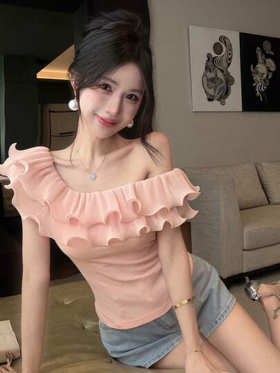 Joudiya 女士优雅纯色纹理荷叶边肩部T恤，夏季