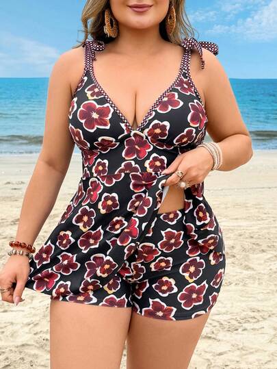 Swim Mod Áo tắm liền thân cỡ lớn họa tiết hoa nhí, kiểu dáng kín đáo, giúp tôn dáng vòng bụng, cổ yếm dành cho phụ nữ thừa cân nặng trên 90kg.