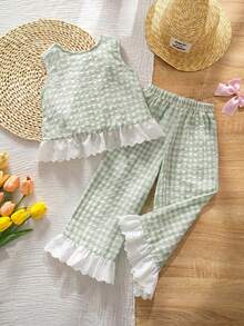 Emery Rose Kids Emery Rose Kids 2件組少女編織對比色格紋荷葉邊飾休閒背心與長褲套裝 - 綠色 - 查看 9