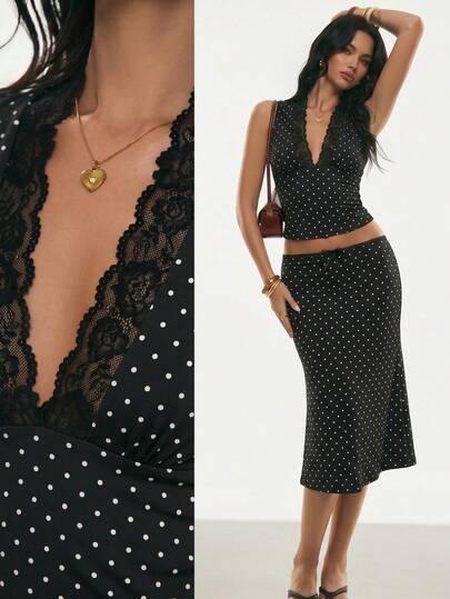 Poéselle Conjunto de 2 piezas de mujer con body elegante con estampado de lunares y encaje en contraste, y falda con bajo de cola de pez, para verano