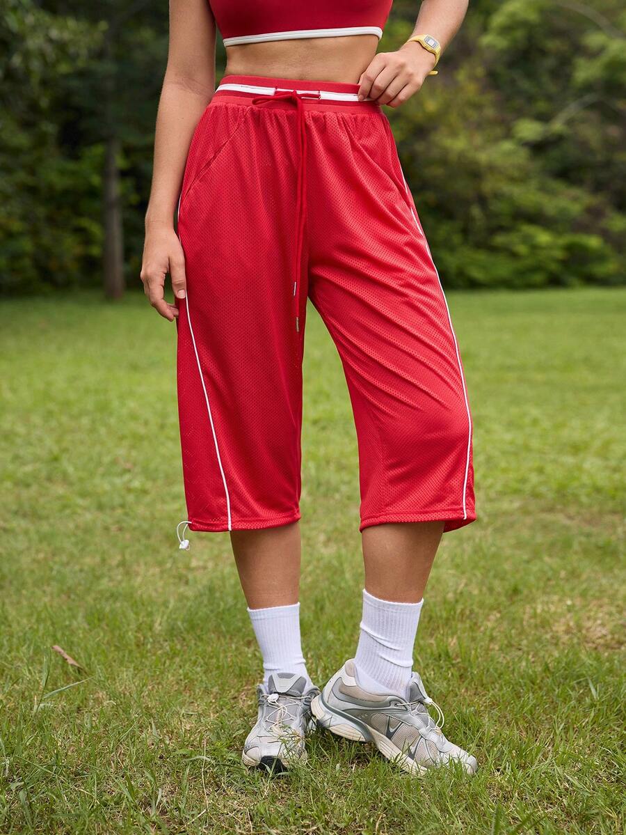 SHEIN Sports 女士撞色抽绳直筒宽松休闲夏季短裤 - 紅色 - 查看 1