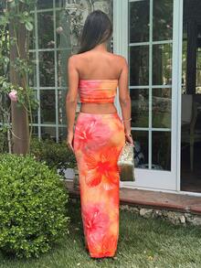 Ronhire Ensemble élégant de style vacances pour femmes, imprimé tie-dye hibiscus hawaïen, ensemble 2 pièces avec top bandeau et jupe, style vacances d'été - Orange - Voir 3