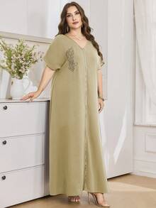 Al Najma Vestido largo de manga corta de unicolor, talla grande, estilo turco y árabe para mujeres - Caqui - Ver 5