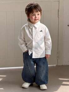 Dazy Kids Toddler Boys' Casual Collared Solid Color Embroidered Top - White - View 7