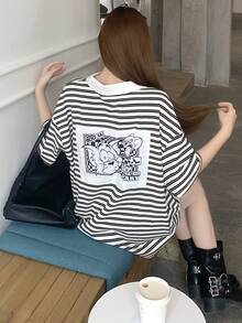 TOM AND JERRY X DAZY Women's Striped Casual Long Sleeve Cartoon Color Block Patchwork T-Shirt - Black - View 3