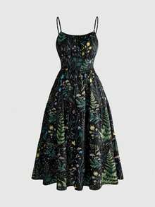 ROMWE Fairycore Summer Boho Vacation Crescent Moon & Plant Retro All-Over Print Plus Size Women Spaghetti Strap Dress - Multicolor - View 1