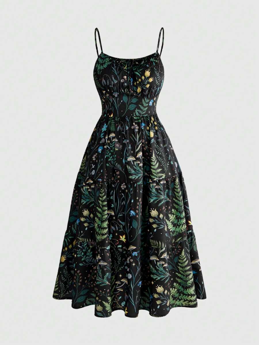 ROMWE Fairycore Summer Boho Vacation Crescent Moon & Plant Retro All-Over Print Plus Size Women Spaghetti Strap Dress - Multicolor - View 1