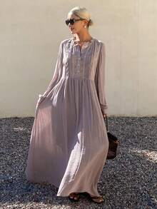 Livesso Women's Contrast Lace Button Half-Placket Long Sleeve Midi Dress - Purple - View 3