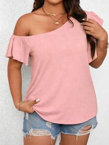 EMERY ROSE Camiseta holgada de mujer talla grande de verano, de estilo casual y vacacional, minimalista, de unicolor, con cuello asimétrico con volantes - Rosa - Ver 3