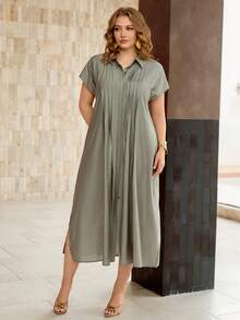 Roveilla Plus Size Women Summer Elegant Sage Green Sommar Midi Dress,Shirt Collar Raglan Sleeve Loose  Pleated Button Front Smart Casual Everyday Retro Office - Green - View 7