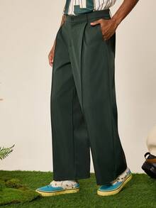 Tonviero Men's Solid Color Toothpick Stripe Design Loose Fit Casual Pants Wide Leg Pants - Army Green - View 4