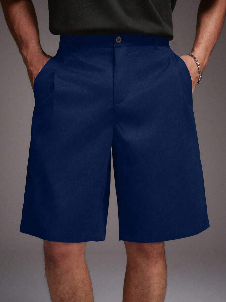 STYNVO Celana Pendek Kasual Pria Musim Panas untuk Komuter, Warna Polos, Saku Miring, untuk Liburan - Navy Blue - View 1