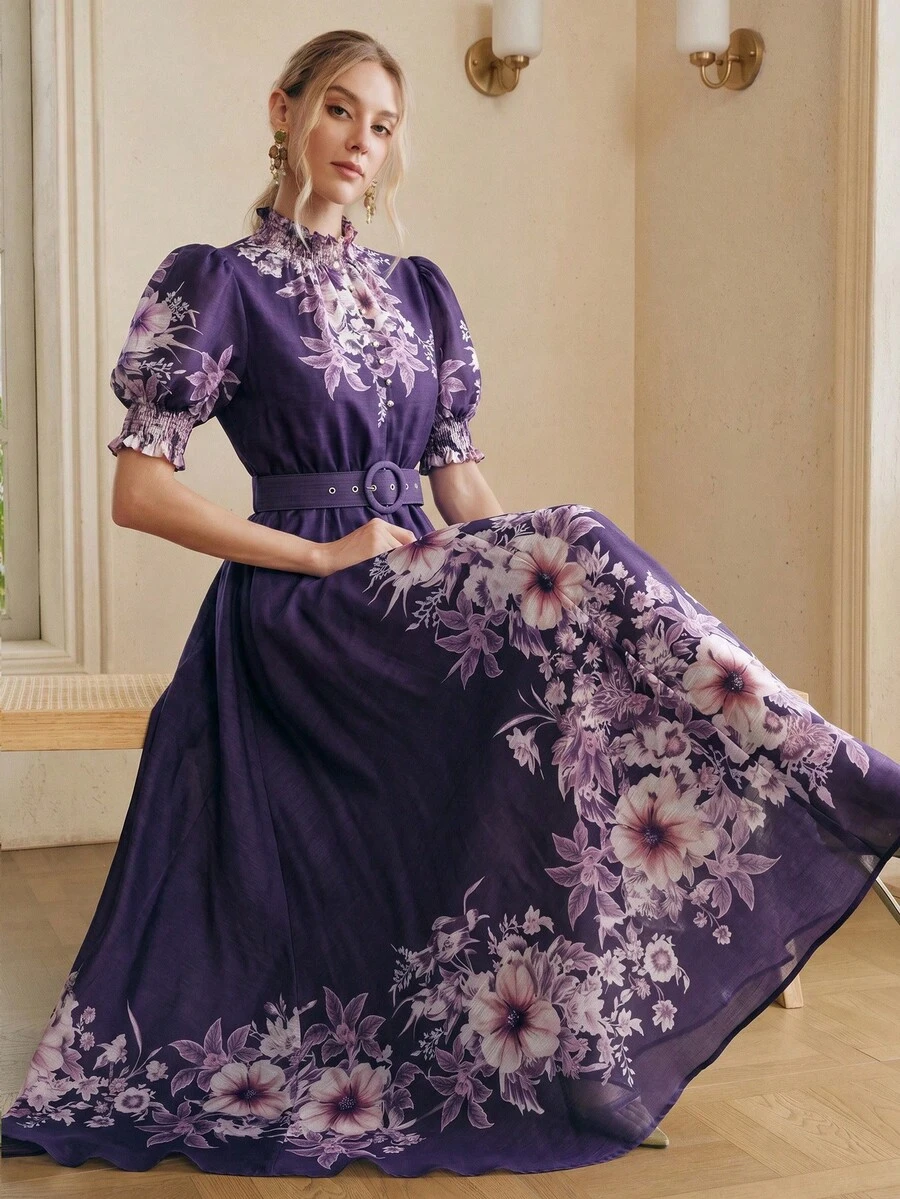 Anewsta Spring Summer Dark Purple Premium Floral Print Short Sleeve Waist-Cinching Tie-Up Long Dress For Women Wedding Party Date Romantic Casual - Bold Plum - View 1