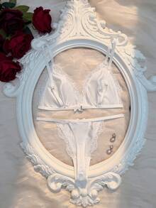 Crystal Vow Bộ đồ lót nữ gợi cảm 2 món bằng satin Pháp và ren phối ren, cúp ngực tam giác. - trắng - Xem 2
