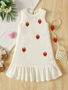 Young Girl Casual Vacation Solid Color Strawberry Pattern Knit Sleeveless Dress - Multicolor - View 5