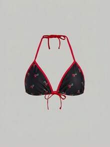 SHEIN MOD 女士樱桃印花挂脖比基尼套装，含罩衫，三件套度假沙滩装 - 黑色 - 查看 8